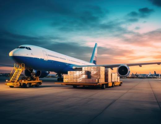 Loading cargo plane outside air freight logistic. Shipping boxes ready to be delivered. Generative AI.